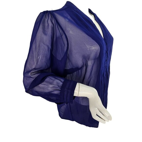 FYLO Sheer Pleated Shirt Blouse Womens M Royal Blue V Neck Covered Buttons - Picture 4 of 11